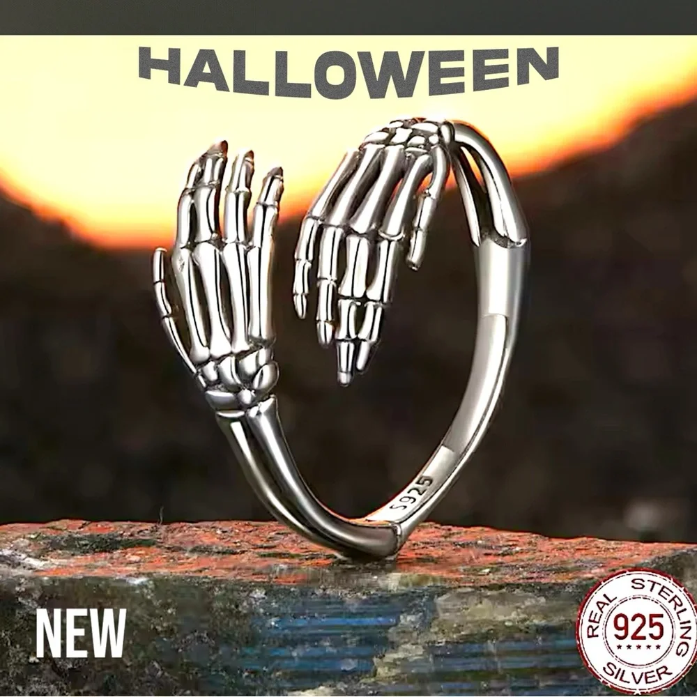 New 925 Sterling Silver Halloween Vintage Skeleton Hand Ring - Picture 6 of 8
